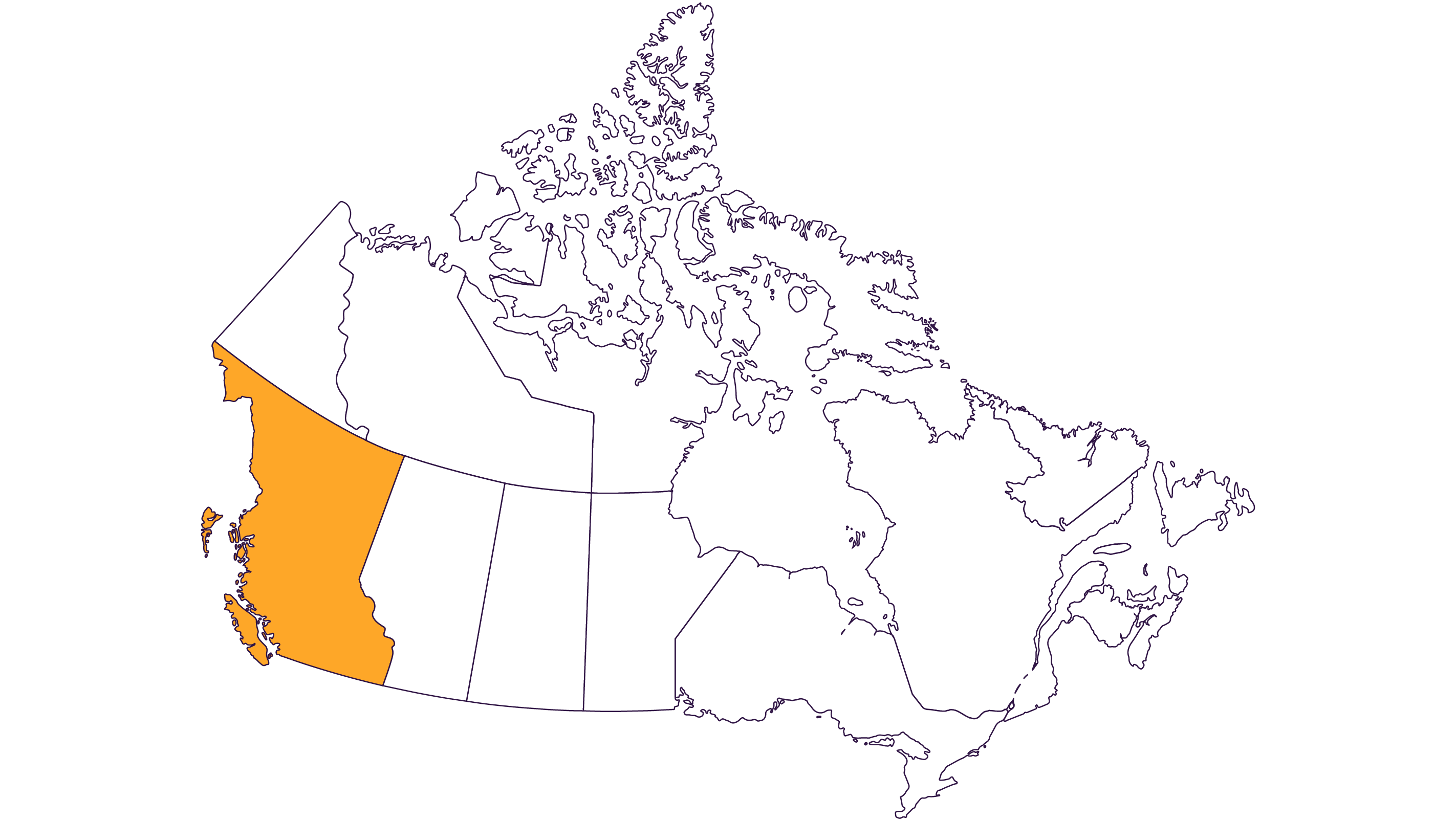 A map of Canada with British Columbia highlighted in yellow.