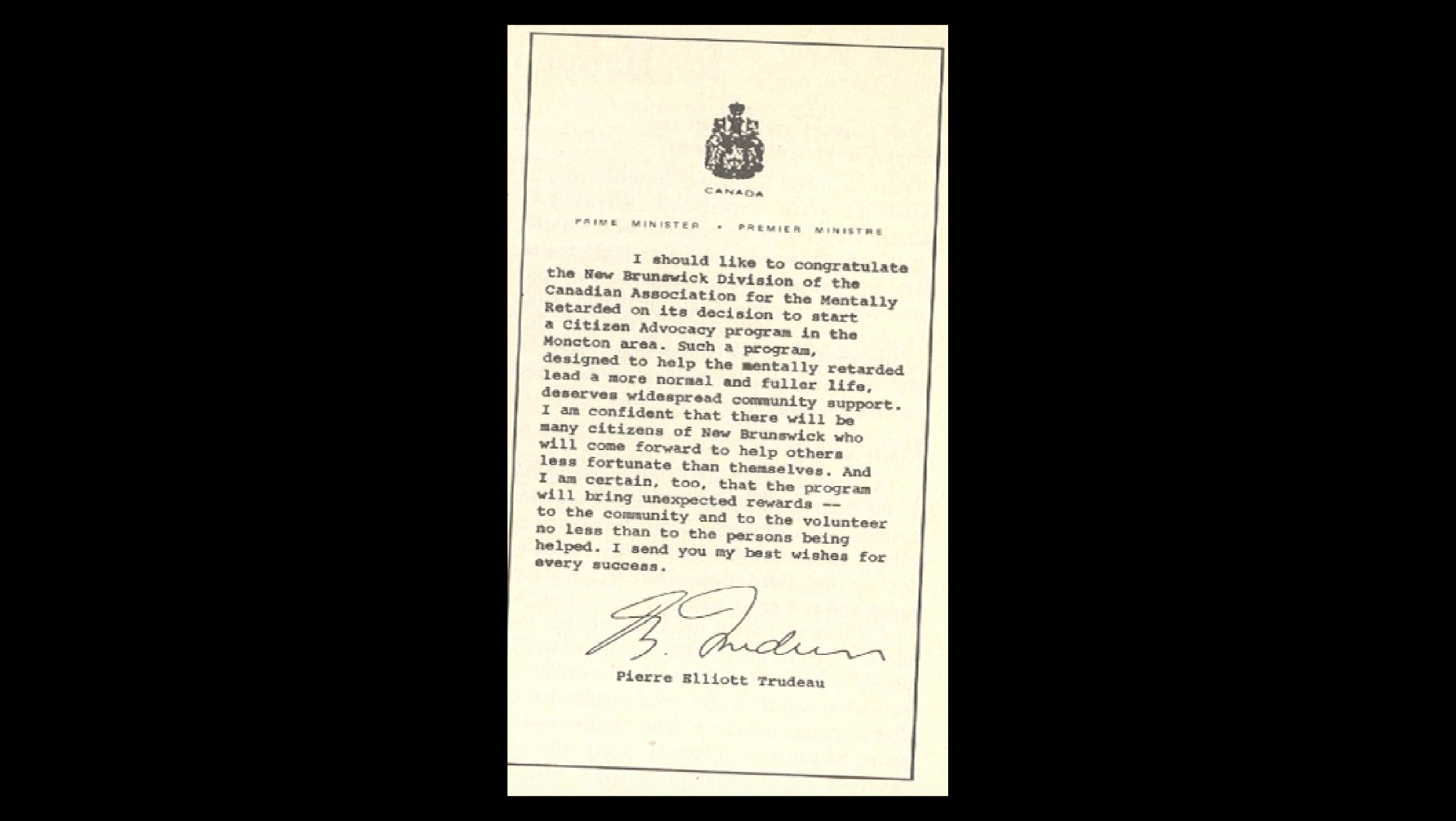 A type-written letter from Pierre Elliot Trudeau with the Prime Minster’s seal.
